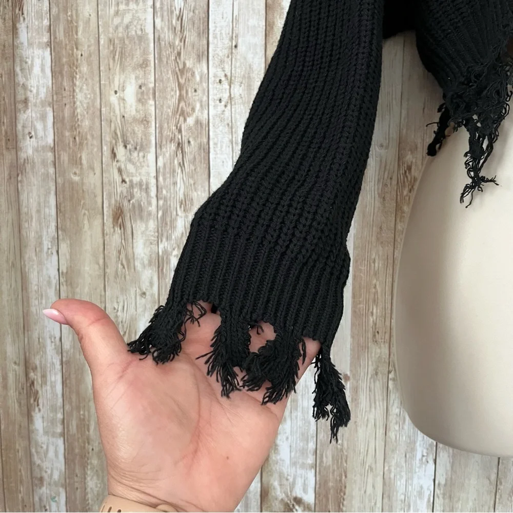 Black Frayed Knit Sweater Off Shoulder - Picture 3 of 8